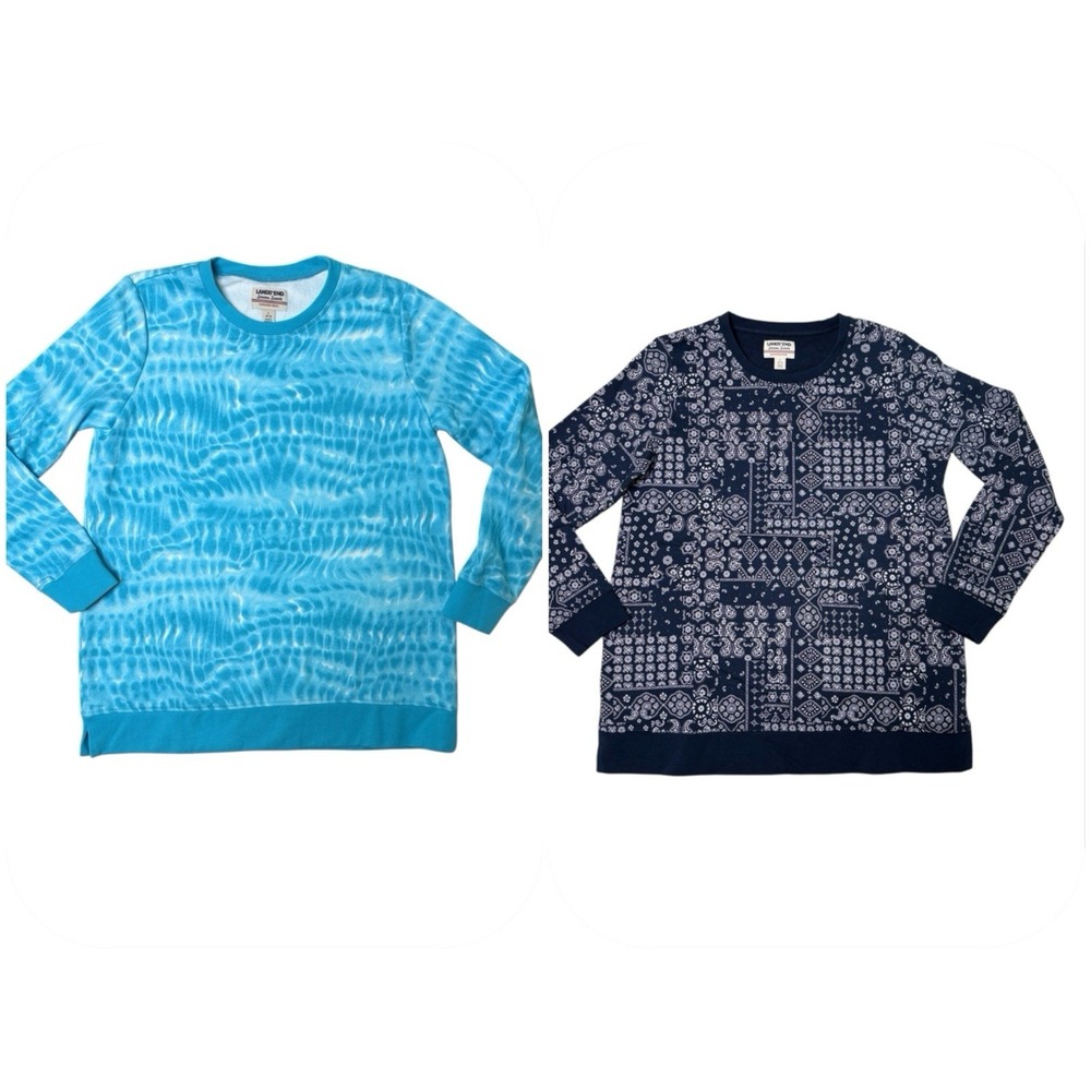 Lot 2 Lands End Serious Sweats Sweatshirt L Women Blue Paisley Tie‎ Dye Pullover